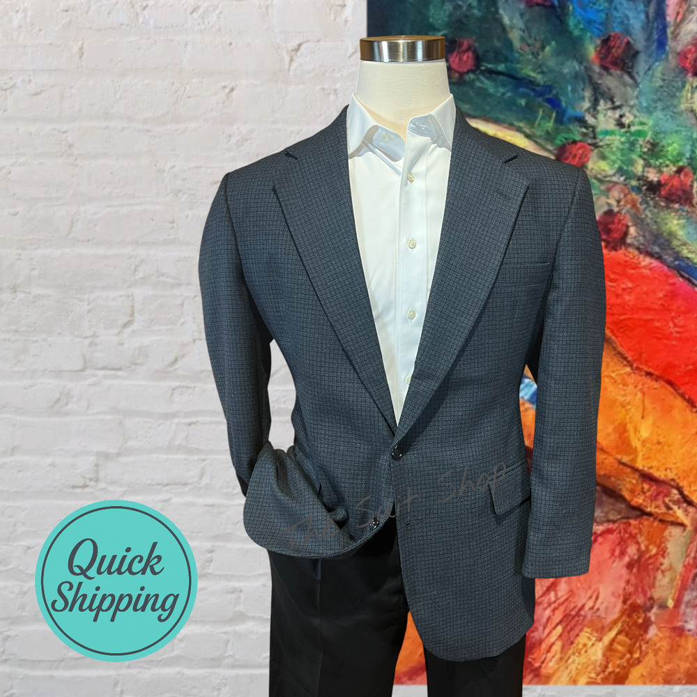 Vtg Haggar Collection 42R Blue Black Micro-Check Plaid Blazer Sport Coat Jacket